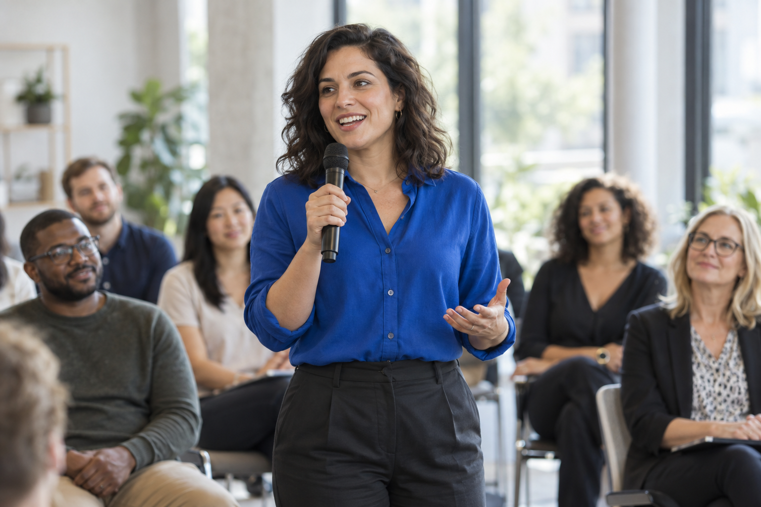 A speaker sharing her ideas at a small workshop